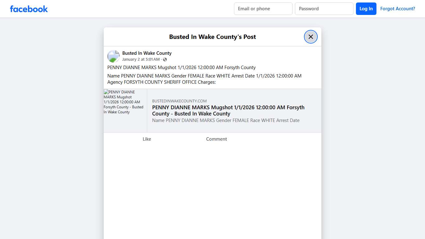PENNY DIANNE MARKS Mugshot... - Busted In Wake County Facebook